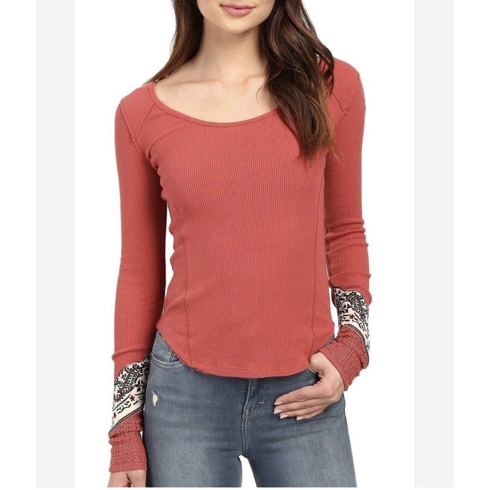 Free People Bandana Cuff Thermal Top Size L Copper Rust Waffle Knit Stretch